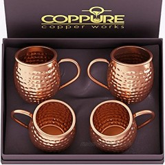 COPPure Moscow Mule Copper Mugs Set of 4 Pure 100% Solid Hammered Unlined Copper Cups For Icy Cold Cocktails Recipes Included Makes A Perfect Gift
