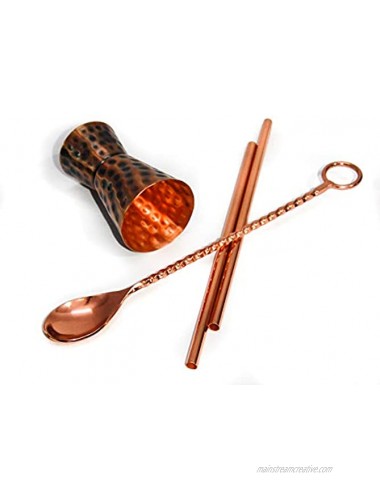 Cretoni Copperlin Pure Copper Antique Hammered Moscow Mule Handcrafted 16 Oz Classic Cups Set of 2 with Bonus 2 Copper Straws Hammered Jigger and Twisted Bar Spoon