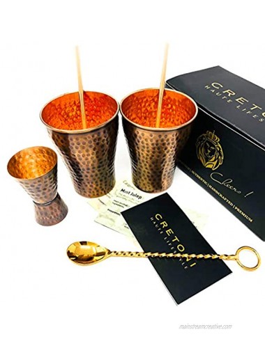Cretoni Copperlin Pure Copper Antique Hammered Moscow Mule Handcrafted 16 Oz Classic Cups Set of 2 with Bonus 2 Copper Straws Hammered Jigger and Twisted Bar Spoon