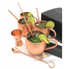 Cretoni Copperlin Pure Copper Hammered Moscow Mule Handcrafted 16 Oz Mugs Set of 4 with Bonus 4 Copper Straws Hammered Jigger and Twisted Bar Spoon The Ultimate Set