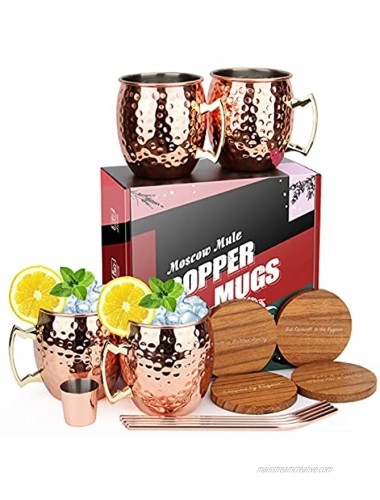 Eligara Moscow Mule Copper Cup-4 Piece Set 16 oz 100% Handmade Pure Copper Cup Make Any Drink Taste Better. Gift Set Giveaway: 1 Shot Glass 4 Straws and 4 Coasters