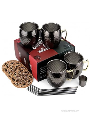 Eligara Moscow Muller Mug Set of 4 Bronze Black | Handcrafted Food Safe Copper Cups | 16 oz Gift Set with 1 Shot Glass 4 Straws and 4 Coasters