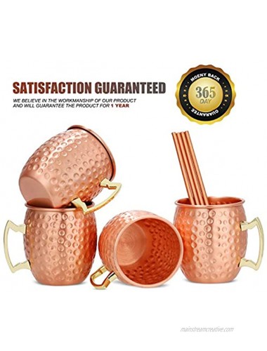 Hossejoy Moscow Mule Copper Mugs Set of 4 -100% Handcrafted Pure Solid Food Safe Copper Mugs 16 oz Copper Cups with 4 Cocktail Copper Straws