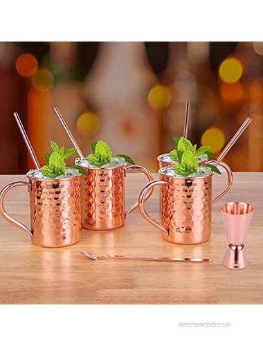 InnoStrive Moscow Mule Mugs Set of 4 Moscow Mule Cups 100% Food-Safe Pure 13 OZ Copper mugs With 4 Cocktail Copper Straws 1 Stirring Spoon and 1 Shot Glass