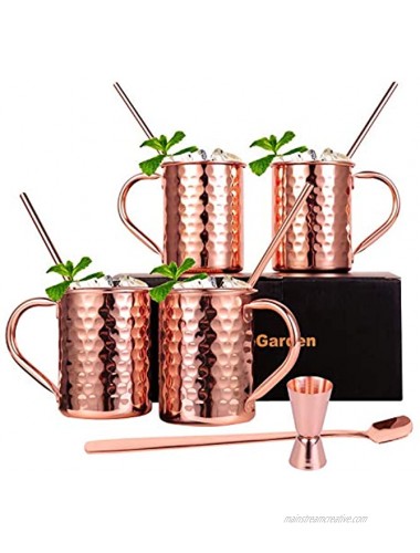 InnoStrive Moscow Mule Mugs Set of 4 Moscow Mule Cups 100% Food-Safe Pure 13 OZ Copper mugs With 4 Cocktail Copper Straws 1 Stirring Spoon and 1 Shot Glass