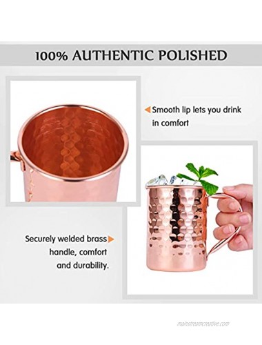 InnoStrive Moscow Mule Mugs Set of 4 Moscow Mule Cups 100% Food-Safe Pure Copper mugs With 4 Cocktail Copper Straws and 1 Stirring Spoon