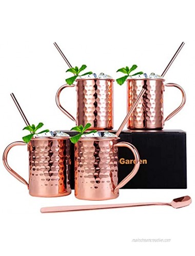 InnoStrive Moscow Mule Mugs Set of 4 Moscow Mule Cups 100% Food-Safe Pure Copper mugs With 4 Cocktail Copper Straws and 1 Stirring Spoon