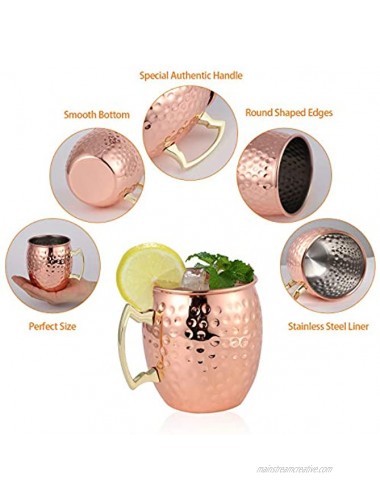 K Kitcherish Moscow Mule Mug Set of 4 18oz [Gift Set] 100% Hammered Cup Pure Solid Stainless Steel Lining Food-safe Copper Mugs for Cool Drinks with Brass Handle Rose Goldcopper mug set of 4
