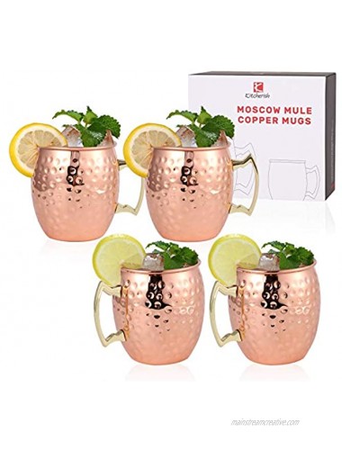 K Kitcherish Moscow Mule Mug Set of 4 18oz [Gift Set] 100% Hammered Cup Pure Solid Stainless Steel Lining Food-safe Copper Mugs for Cool Drinks with Brass Handle Rose Goldcopper mug set of 4