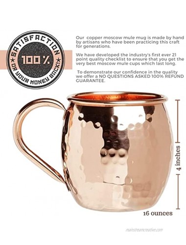 Kitchen Science Moscow Mule Copper Mugs Set of 6 16oz | Food Grade 100% Pure Copper Cups | Handcrafted w Lacquered Hammered Finish Smooth Rounded Lip Ergonomic Handle No Rivet w Solid Grip