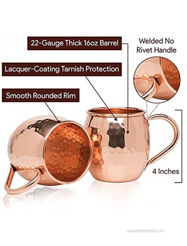 Kitchen Science Moscow Mule Copper Mugs Set of 6 16oz | Food Grade 100% Pure Copper Cups | Handcrafted w Lacquered Hammered Finish Smooth Rounded Lip Ergonomic Handle No Rivet w Solid Grip