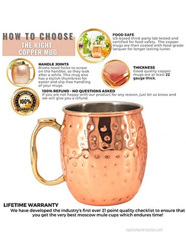 Kitchen Science Moscow Mule Mugs Stainless Steel Lined Copper Moscow Mule Cups Set of 6 18oz w 6 Straws 1 Jigger 1 Spoon & 1 Brush | New Thumb Rest & Tarnish-Resistant Stainless Steel Interior