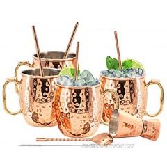 Kitchen Science Moscow Mule Mugs Stainless Steel Lined Copper Moscow Mule Cups Set of 4 18oz w 4 Straws 1 Jigger 1 Spoon & 1 Brush | New Thumb Rest & Tarnish-Resistant Stainless Steel Interior