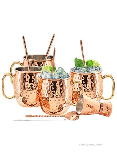 Kitchen Science Moscow Mule Mugs Stainless Steel Lined Copper Moscow Mule Cups Set of 4 18oz w 4 Straws 1 Jigger 1 Spoon & 1 Brush | New Thumb Rest & Tarnish-Resistant Stainless Steel Interior