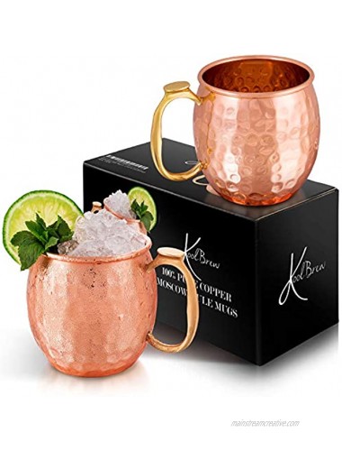 KoolBrew Moscow Mule Copper Mugs Gift Set of 2 100% Solid Handcrafted Copper Cups 16 Ounce Food Safe Hammered Mug For Mules