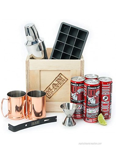 Man Crates Moscow Mule Crate – Includes 2 Copper Mugs Cock N' Bull Ginger Beer 4-Pack Perfect Cube Silicone Ice Tray – With 10 oz. Cocktail Shaker and Jigger – Great Gifts for Men