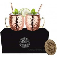 Moscow Copper Mule Mug Set Of 2 Handcrafted 16 Oz Hammered Food Safe Copper Mugs Gift Set With Coasters Reusable Straws and Gift Box Ideal Gift For Housewarming Gatherings and Birthdays