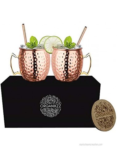 Moscow Copper Mule Mug Set Of 2 Handcrafted 16 Oz Hammered Food Safe Copper Mugs Gift Set With Coasters Reusable Straws and Gift Box Ideal Gift For Housewarming Gatherings and Birthdays