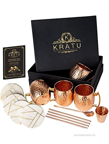 Moscow Mule Copper Mugs 18 oz Set of 4. With Real Marble Coasters. 100% Handcrafted Pure Food Safe Copper Mug Cups | Gift Set | 4 Straws 4 Marble Coaster Shot Glass Stirrer | Luxurious Box- KRATU