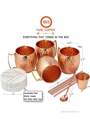 Moscow Mule Copper Mugs 18 oz Set of 4. With Real Marble Coasters. 100% Handcrafted Pure Food Safe Copper Mug Cups | Gift Set | 4 Straws 4 Marble Coaster Shot Glass Stirrer | Luxurious Box- KRATU