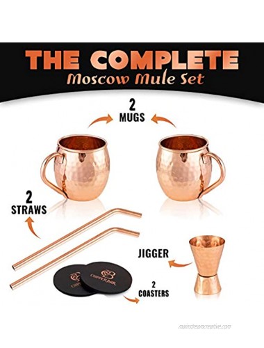 Moscow Mule Copper Mugs Set of 2 100% HANDCRAFTED Pure Solid Copper Mugs 16 oz Gift Set with Highest Quality Cocktail Copper Straws Jigger & 2 Coasters by Copper-Bar