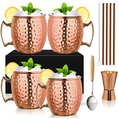 Moscow Mule Copper Mugs Set of 4 Gold Brass Handles 19OZ Pure Copper Plating Mugs with 1 0.5 oz Double Jigger Perfect for Cold Drink