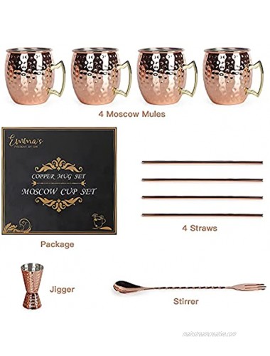 Moscow Mule Cups Set of 4 16 oz Large Hammered Copper Mugs Cocktail Drinkware Cup Holiday Gifts for Friend Family with Straws Double-Jigger Double-head Stirring Spoon