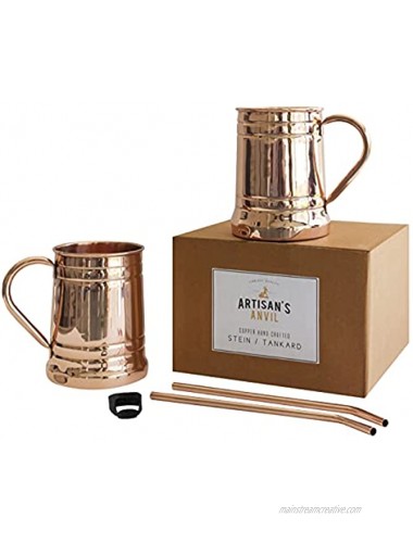 Moscow Mule Mugs Beer Stein Set of 2 + Copper Straws + Bottle Opener by Artisan's Anvil – Two Solid 18 oz Copper Mugs Gift Set – 100% Pure Copper Unique Tankard Look – Handmade Unlined Copper Cups