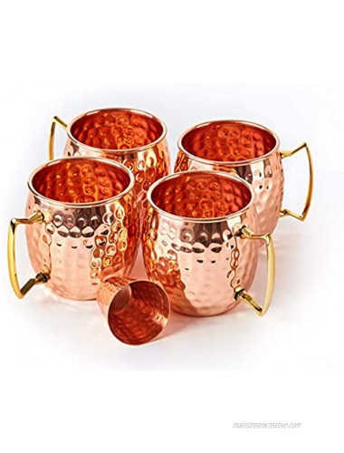 Moscow Mule Mugs Set 4 Authentic Handcrafted Mugs 16 oz. with Brass Handle and Shot Glass 2 oz. Food Safe Solid Copper Gift set with Recipe Book Included