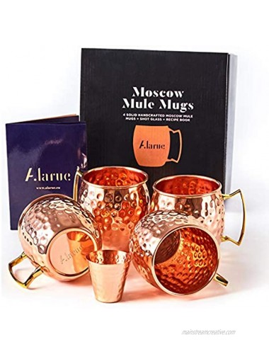 Moscow Mule Mugs Set 4 Authentic Handcrafted Mugs 16 oz. with Brass Handle and Shot Glass 2 oz. Food Safe Solid Copper Gift set with Recipe Book Included