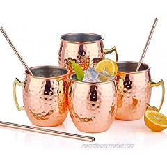 Moscow Mule Mugs Set of 4 Food Grade Stainless Steel Lining 16 oz Hammered Copper Cups with BONUS Stirring Straws for Cocktail Mixing Gifts for Bar Set and Martini lovers Rose Gold