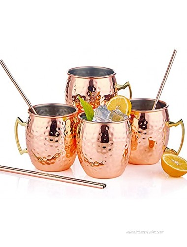 Moscow Mule Mugs Set of 4 Food Grade Stainless Steel Lining 16 oz Hammered Copper Cups with BONUS Stirring Straws for Cocktail Mixing Gifts for Bar Set and Martini lovers Rose Gold