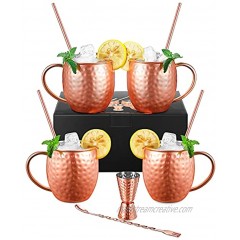 Moscow Mule Mugs Set of 4 Hammered Moscow Mule Copper Mugs Food Grade Stainless Steel Lining 18 oz Gift Set Copper Mugs with 4 Straws 1 Double-Jigger 2-in-1 Bar Stirring Spoon Fork