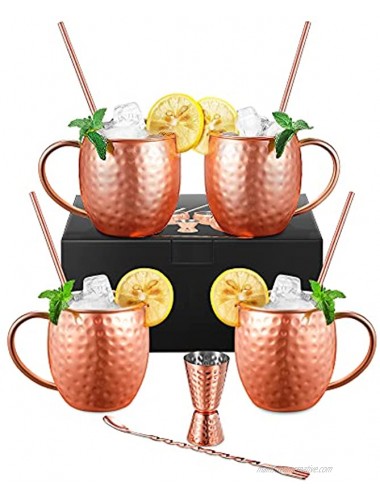 Moscow Mule Mugs Set of 4 Hammered Moscow Mule Copper Mugs Food Grade Stainless Steel Lining 18 oz Gift Set Copper Mugs with 4 Straws 1 Double-Jigger 2-in-1 Bar Stirring Spoon Fork