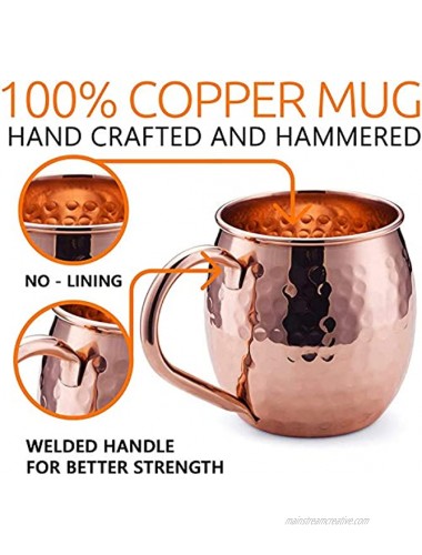 Moscow Mule Mugs with 4 Straws and Shot Glass Pure Copper Set of 4 Handcrafted Food Safe Pure Solid Copper Mugs Bonus Copper Shot Glass and 4 Copper Straws
