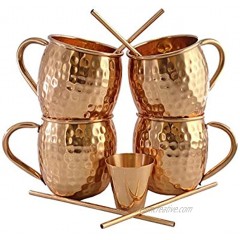 Moscow Mule Mugs with 4 Straws and Shot Glass Pure Copper Set of 4 Handcrafted Food Safe Pure Solid Copper Mugs Bonus Copper Shot Glass and 4 Copper Straws