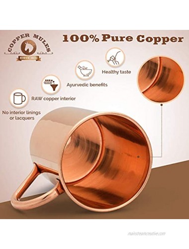 Moscow Mule PURE Copper Mugs Set of 2 by Copper Mules Handcrafted of 100% Pure THICK Copper Straight Smooth Finish EasyCare Copper Interior Strong Authentic Riveted Handle Holds 16 ounces