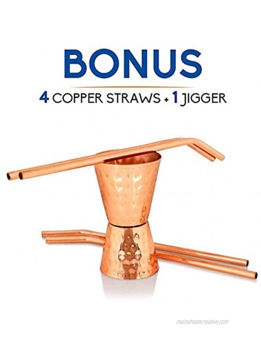 Nexxa Moscow Mule Copper Mugs Set of 4 +4 Copper Straws+4 Coasters + 1 Double Shot Mug with Beautiful Red Gift Box