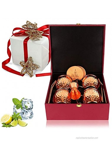 Nexxa Moscow Mule Copper Mugs Set of 4 +4 Copper Straws+4 Coasters + 1 Double Shot Mug with Beautiful Red Gift Box