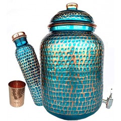 Rastogi Handicrafts pure copper Hammered water storage Tank Blue pot 4 liter capacity with Tumble and Copper Bottle