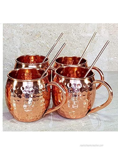RATNA Moscow Mule Mugs Set of 4 Pure Copper Hammered Mug Solid Copper Cups with Hammered Finish FREE STRAW