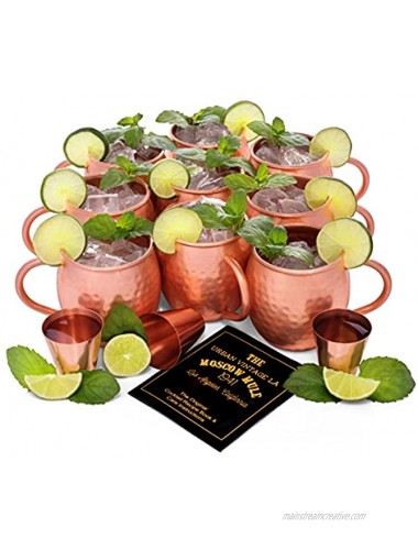 Set of 8 Moscow Mule Copper Mugs | Pure Copper Drinking Cups in Bulk | Set of 8 Solid Copper Moscow Mule Mugs + 2 Copper Shot Glasses + Recipe Book | Heavy Gauge Hammered Handcrafted