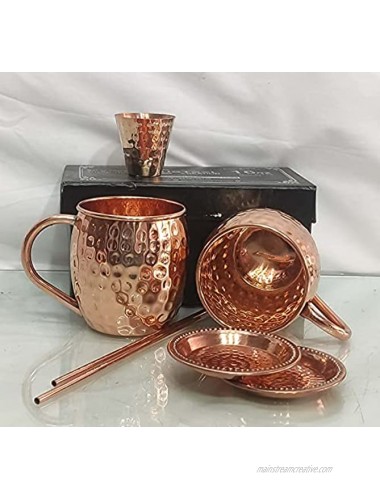 Traditional Fiber Moscow Mule -Copper Mugs -Set of Two Includes 2 x 18oz Mugs- 2 x Coasters- 2 x Straws- 1 x Shot Glass Cup in Gift Box -100% Copper Handmade Barrel Style Drinking Mug