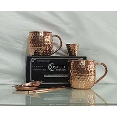 Traditional Fiber Moscow Mule -Copper Mugs -Set of Two Includes 2 x 18oz Mugs- 2 x Coasters- 2 x Straws- 1 x Shot Glass Cup in Gift Box -100% Copper Handmade Barrel Style Drinking Mug