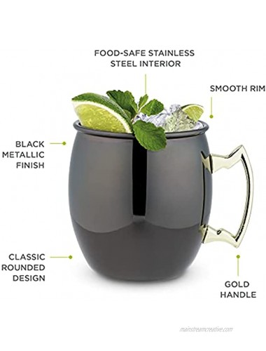 True Moscow Mule Mug Set of 2 Stainless Steel Black & Gold Finish Holds 16 oz Cocktail Drinkware