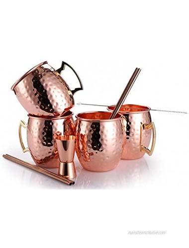 Yesland 4 Pcs Moscow Mule Copper Mugs 16 oz Pure Solid Copper Mugs with Copper Straw Copper Jigger & Cleaning Brush Ideal for Beer and Cocktail