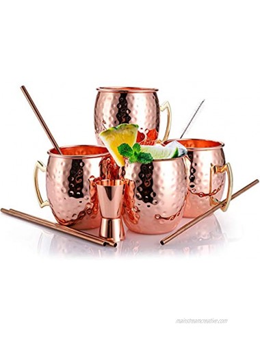 Yesland 4 Pcs Moscow Mule Copper Mugs 16 oz Pure Solid Copper Mugs with Copper Straw Copper Jigger & Cleaning Brush Ideal for Beer and Cocktail