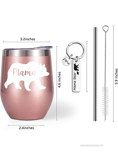 12oz Mama Bear Mom Wine Tumbler Set Mom Gift Set for Birthday Christmas Steel Tumbler Vacuum Insulated Wine Double Wall Coffee Mug with Lid Straw for Home Office Travel Rose gold