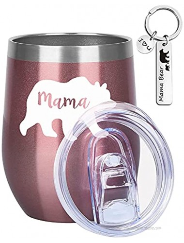 12oz Mama Bear Mom Wine Tumbler Set Mom Gift Set for Birthday Christmas Steel Tumbler Vacuum Insulated Wine Double Wall Coffee Mug with Lid Straw for Home Office Travel Rose gold