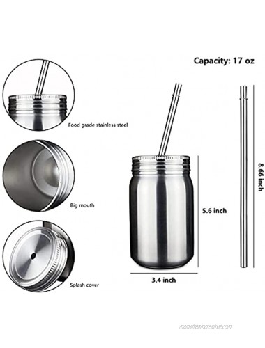 4 Pack Silver Mason Jar 17 oz Stainless Steel Tumbler Sublimation Mugs with Lid and Metal Straw Insulated Vacuum Flat Bottom Cup Hot and Cold Double-Layer Drinking Travel Mugs for Beverages